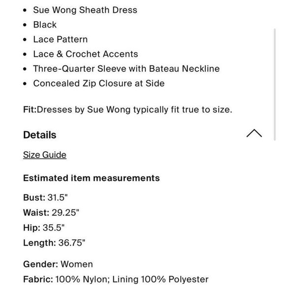 Sue Wong Black Heavily Embroidered Lace Dress Lined 3/4 Sleeve Cocktail Sz 10 - Picture 9 of 9